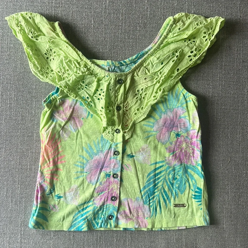 Justice Girls Lime Green Tropical Print Button Front Tank Top Size S